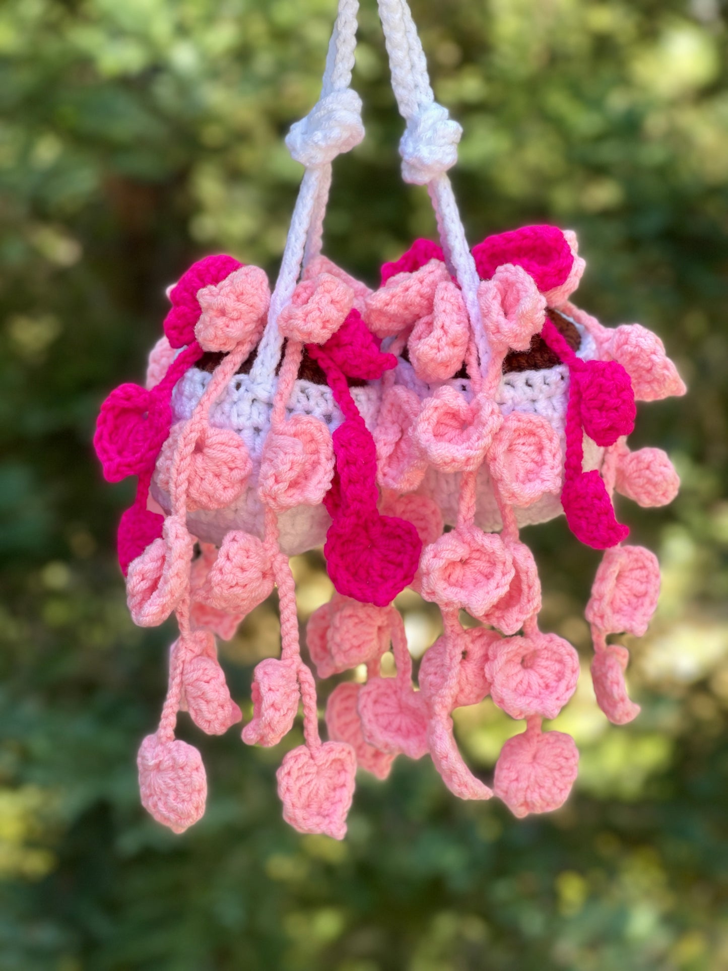Two Tone Pink Flower Crochet Hanging White Plant Pot