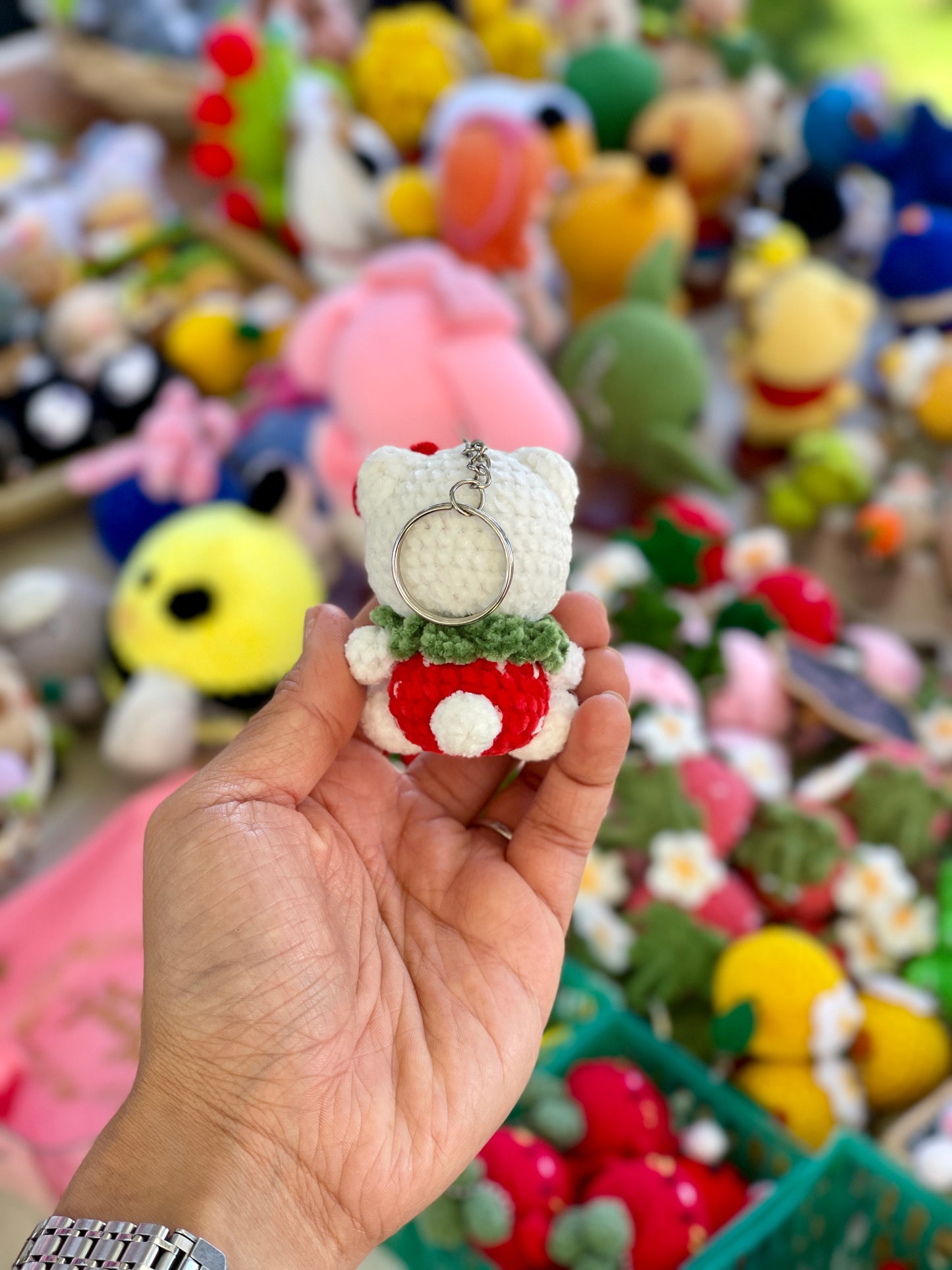Small Strawberry Hello Kitty Crochet Keychain