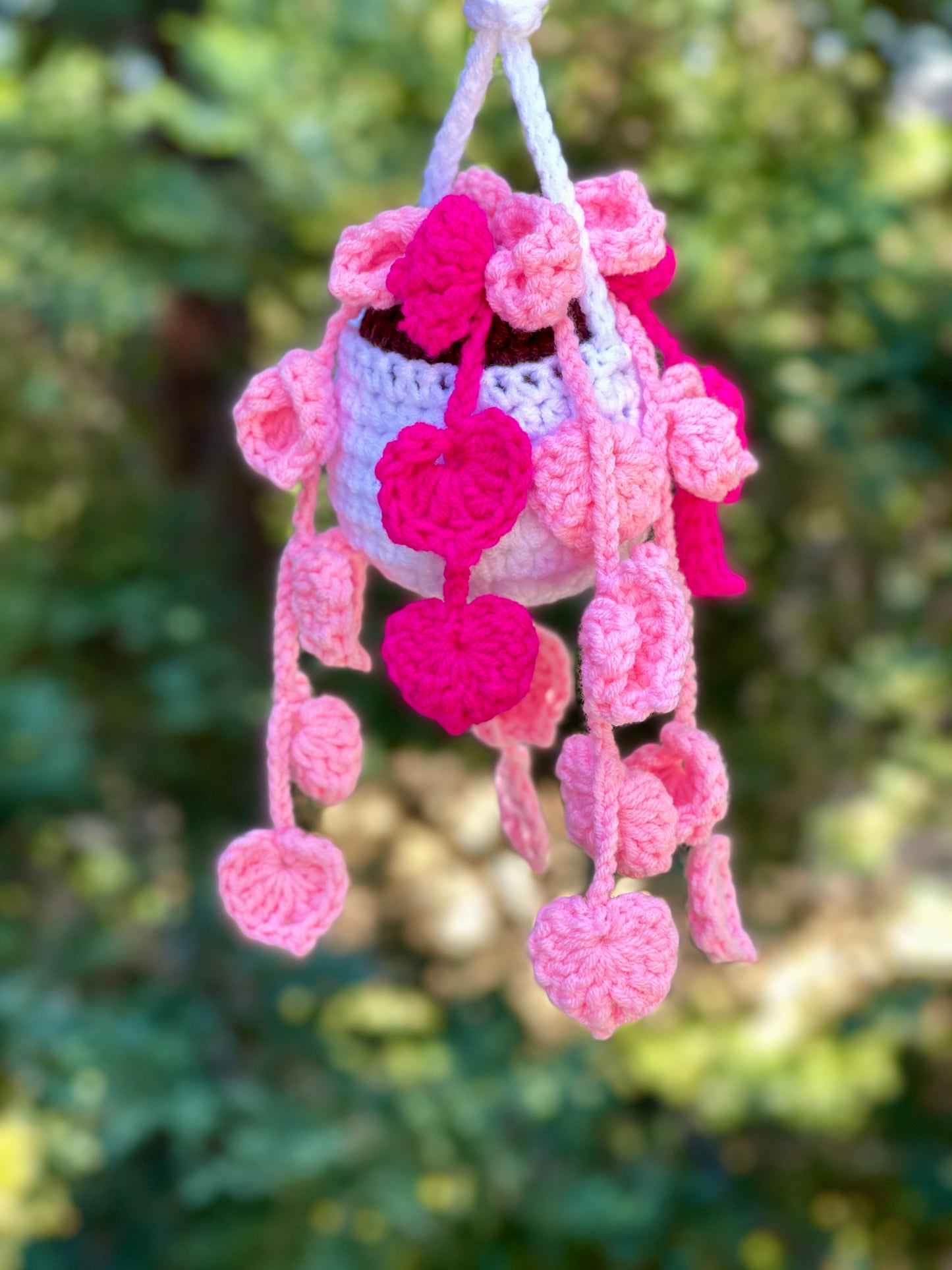 Two Tone Pink Flower Crochet Hanging White Plant Pot