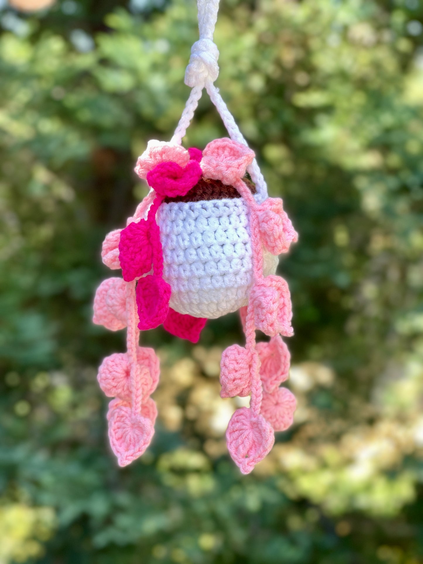 Two Tone Pink Flower Crochet Hanging White Plant Pot