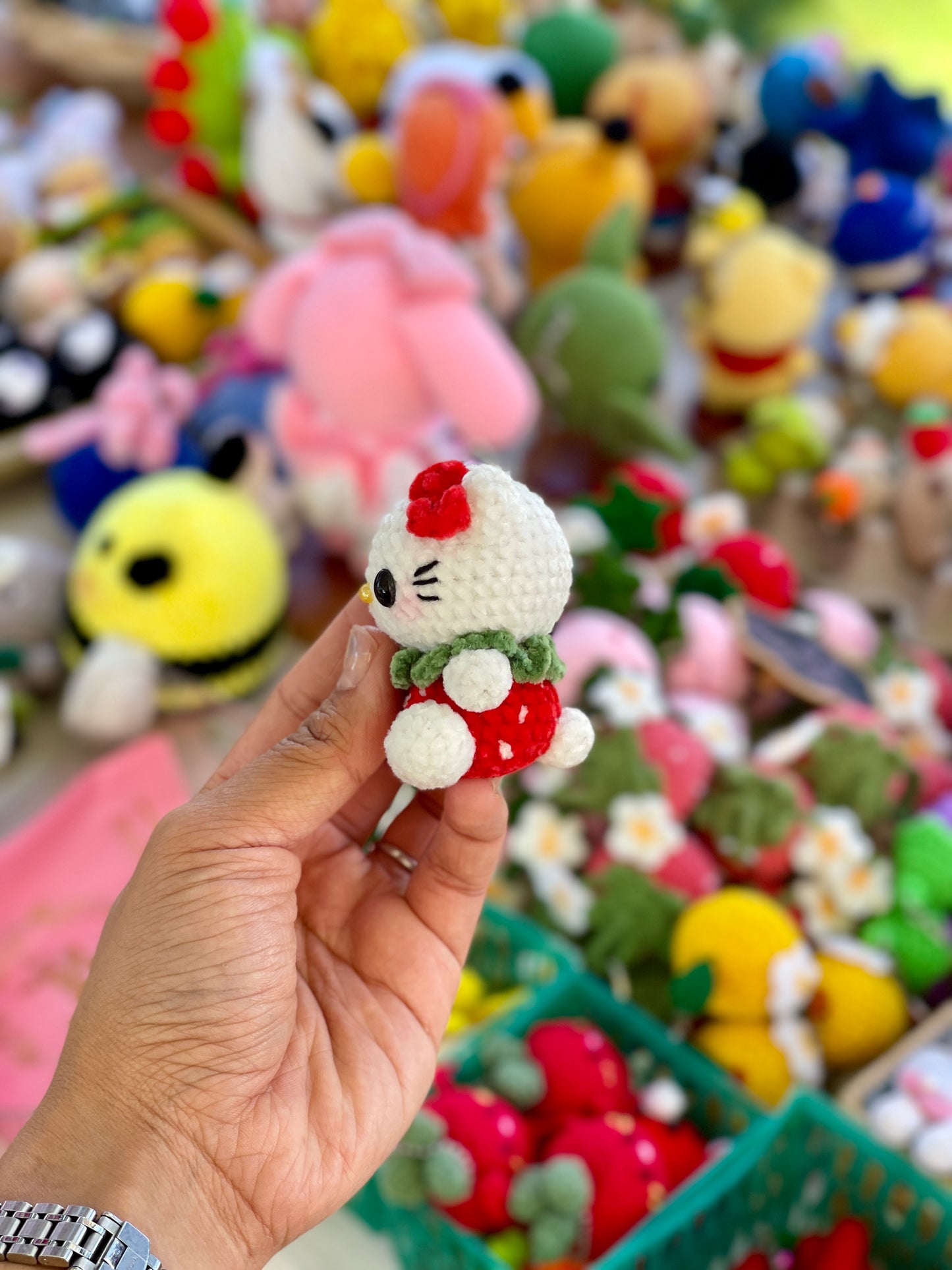 Small Strawberry Hello Kitty Crochet Keychain