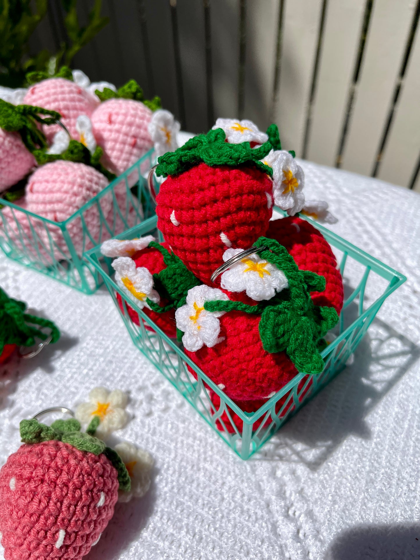 Strawberry with Flowers Crochet Keychain