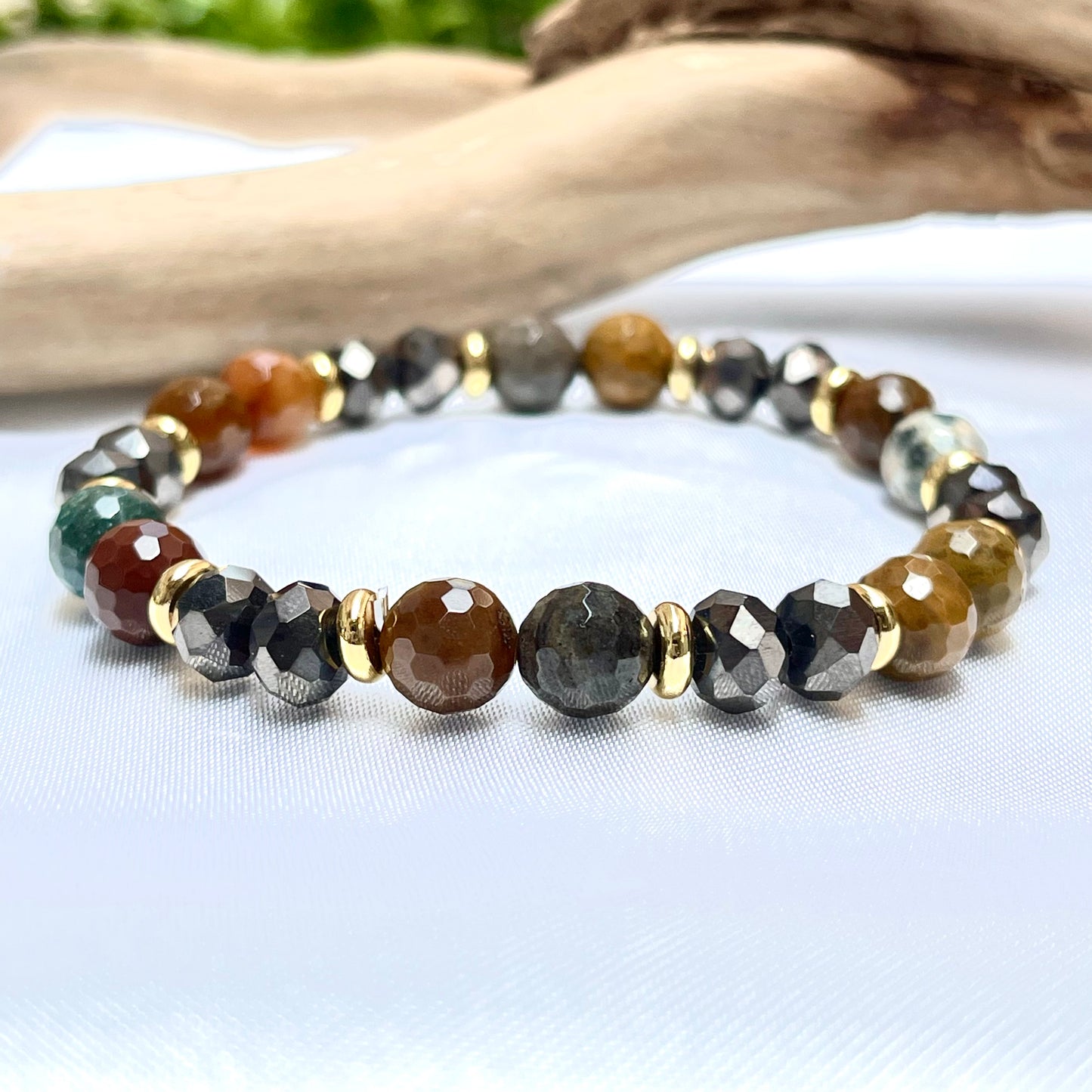 Natural Stone + Glass Crystal Bracelet