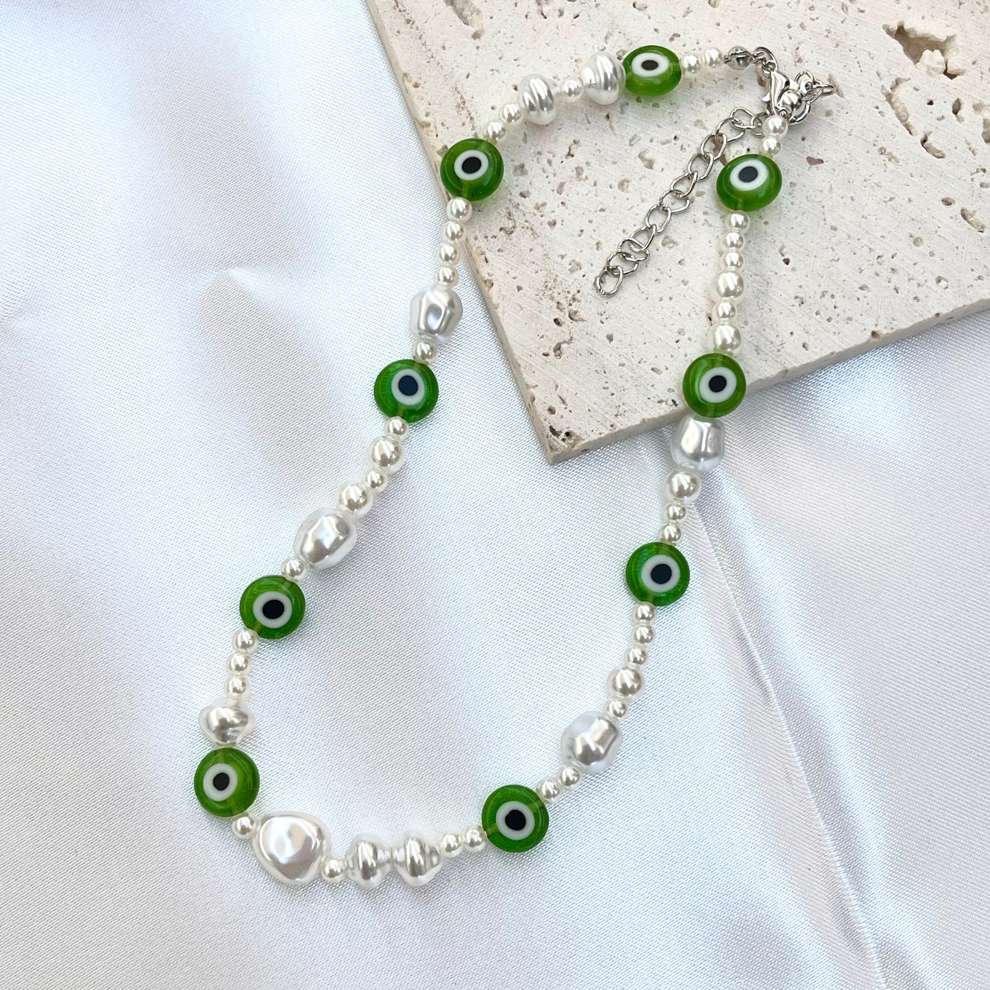Evil Eye + White Bead Necklace
