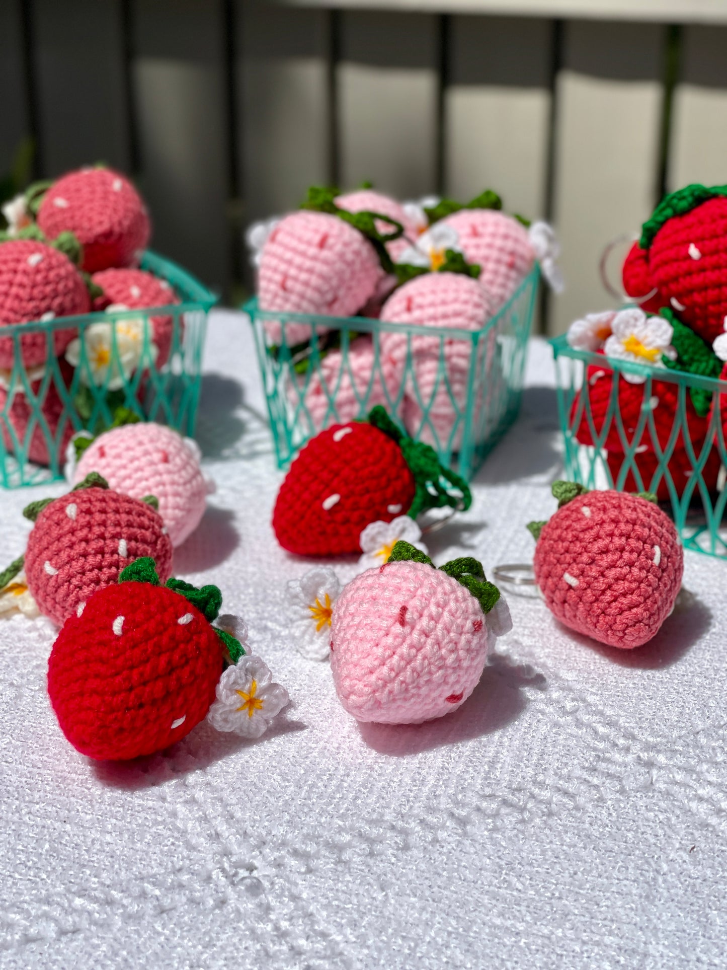 Strawberry with Flowers Crochet Keychain