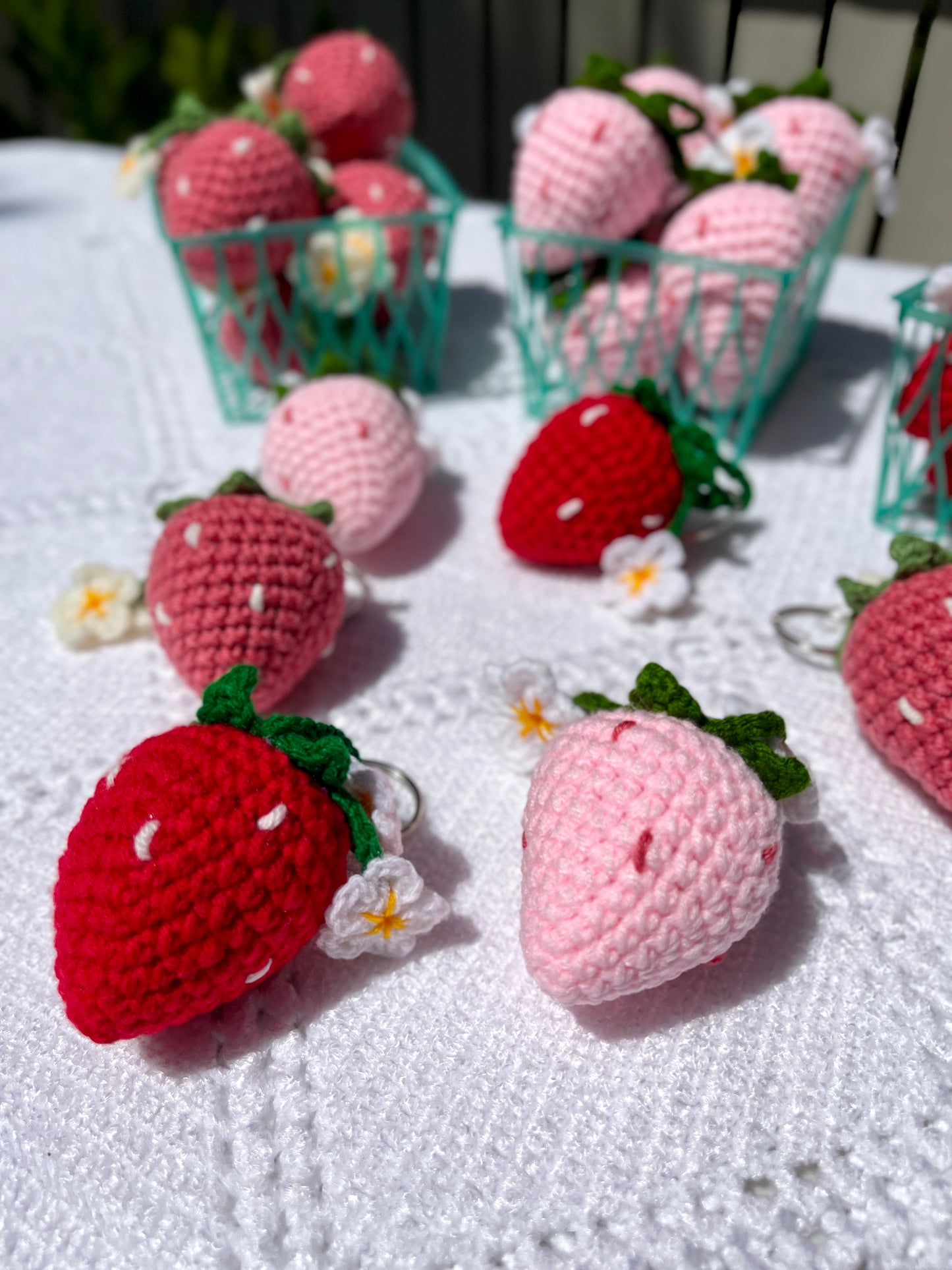 Strawberry with Flowers Crochet Keychain