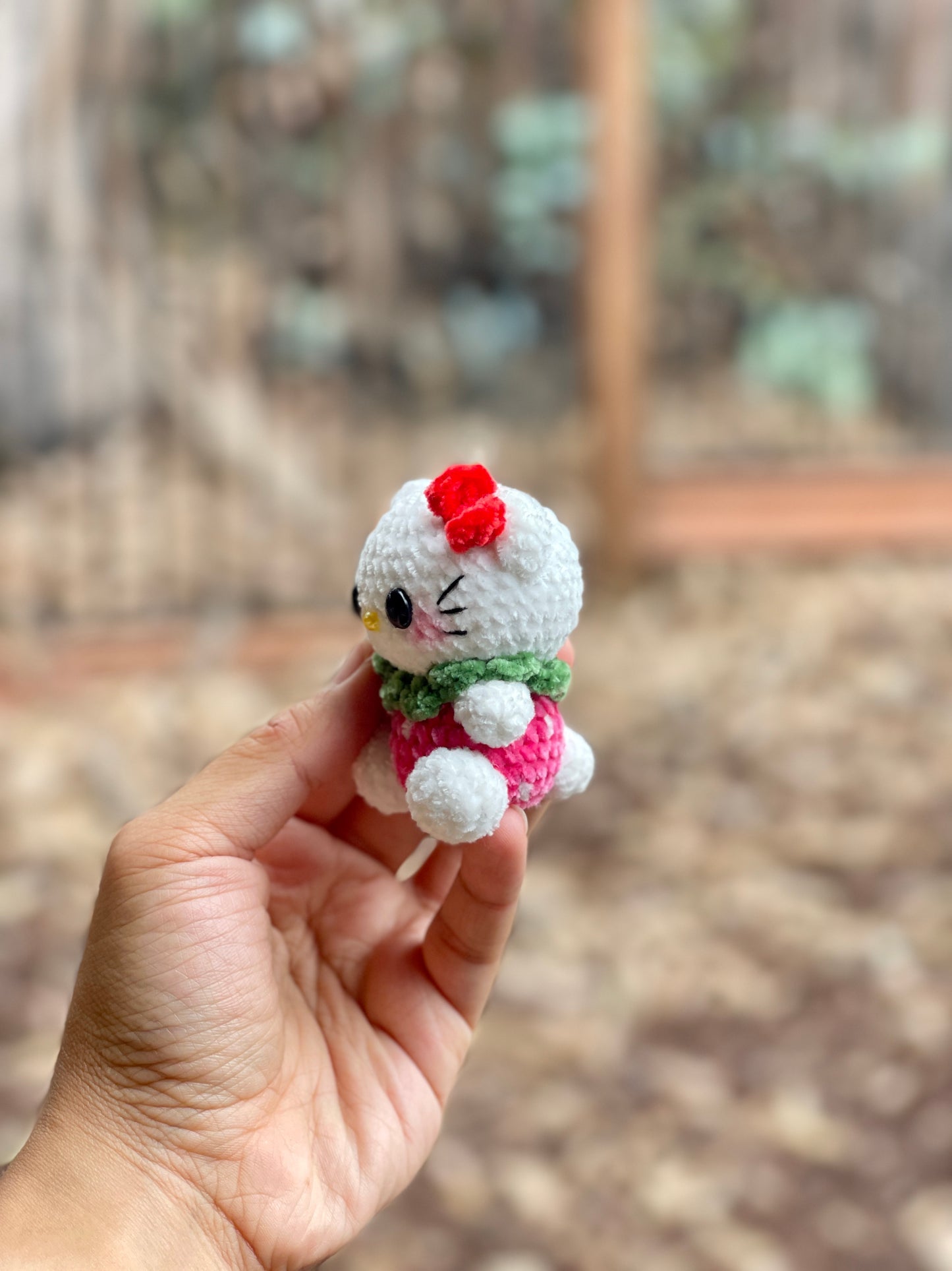 Small Strawberry Hello Kitty Crochet Keychain