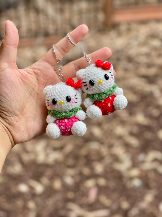 Small Strawberry Hello Kitty Crochet Keychain
