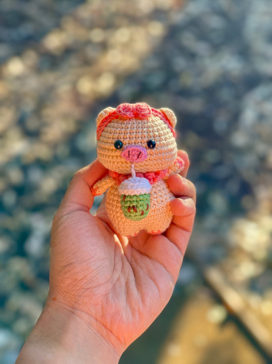 Pig with favorite Tea crochet Keychain