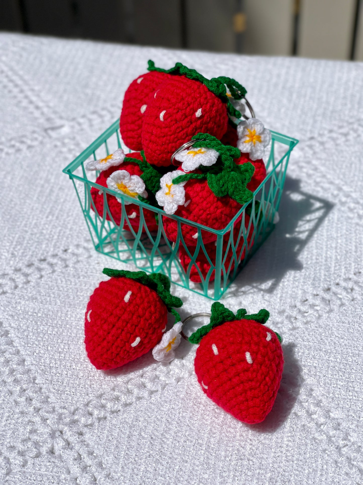 Strawberry with Flowers Crochet Keychain