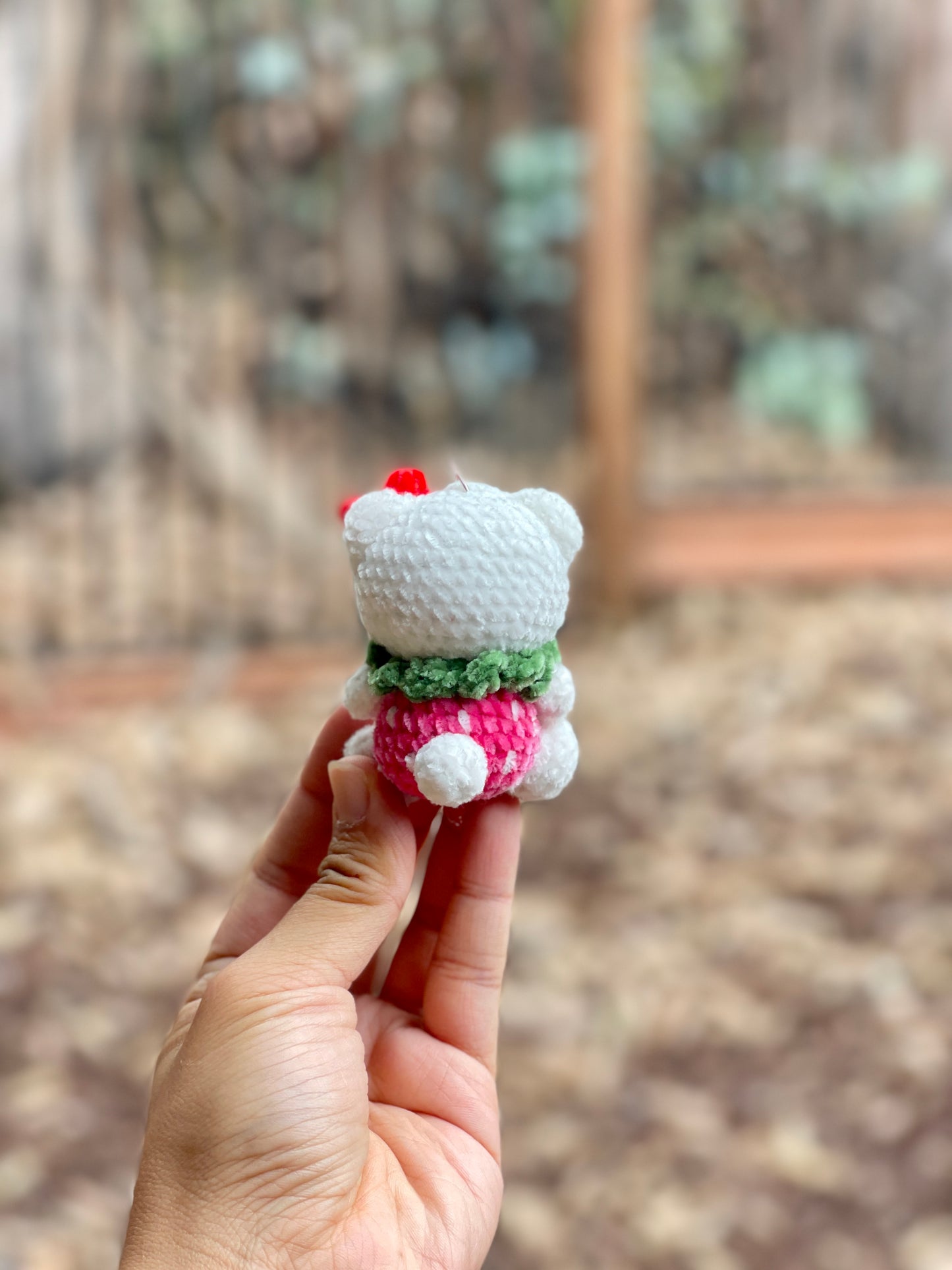 Small Strawberry Hello Kitty Crochet Keychain