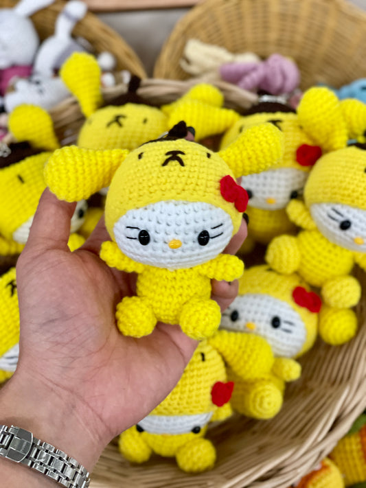 Kitty with Pompompurin outfit Crochet Keychain