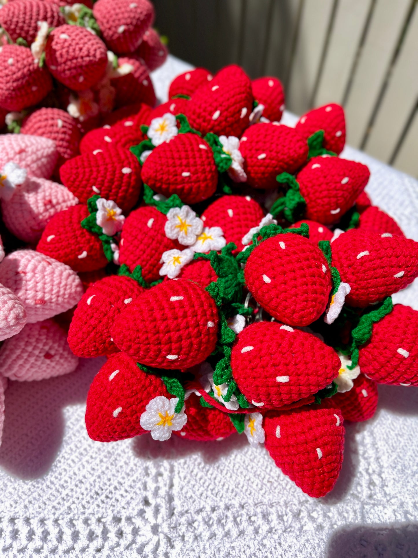 Strawberry with Flowers Crochet Keychain