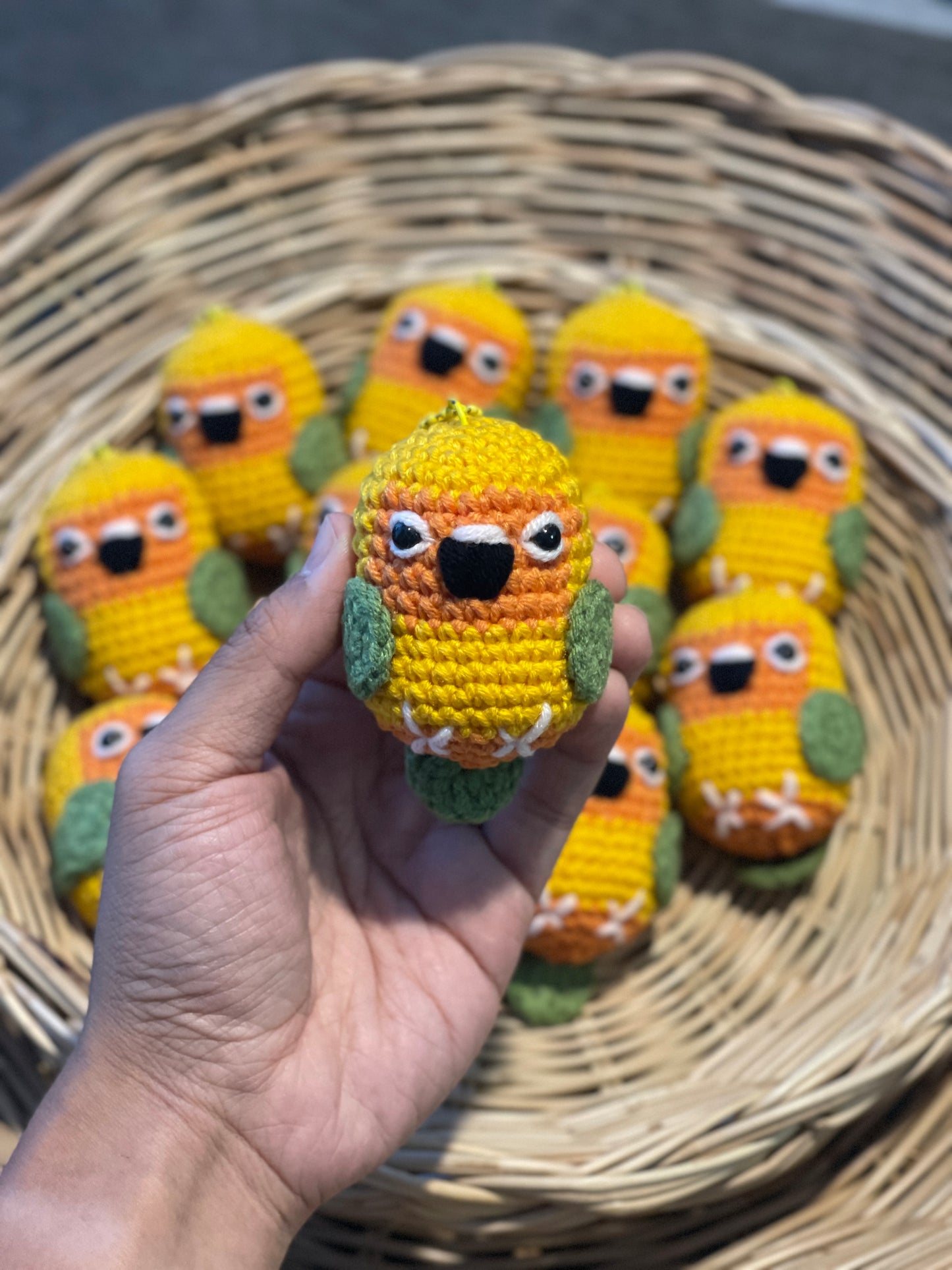 Sun Conure Bird Crochet Keychain