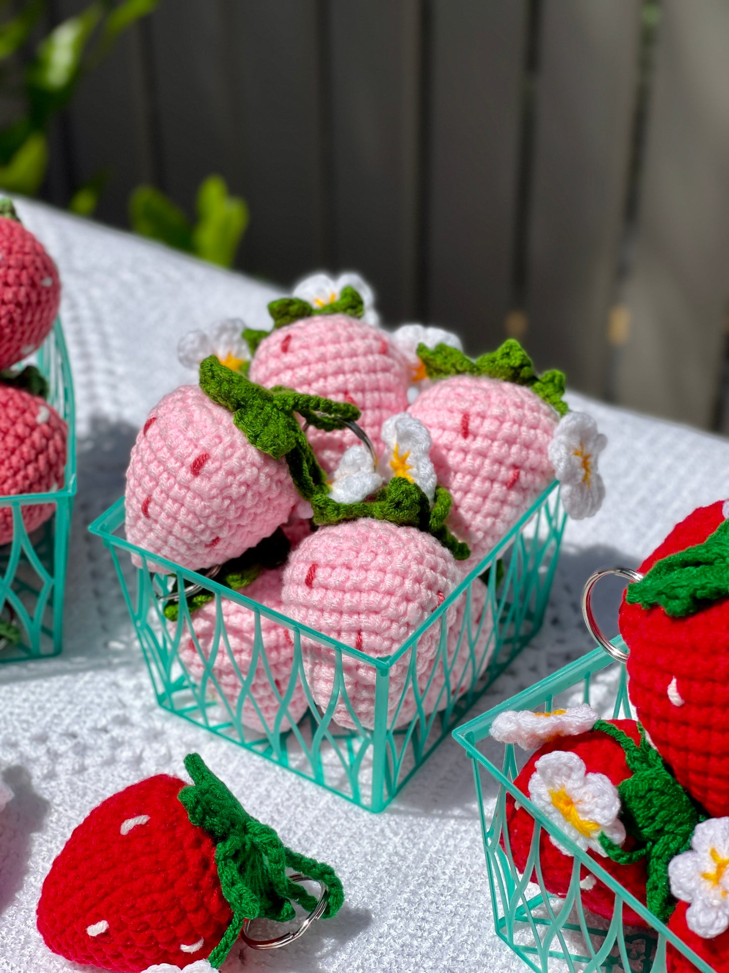 Strawberry with Flowers Crochet Keychain