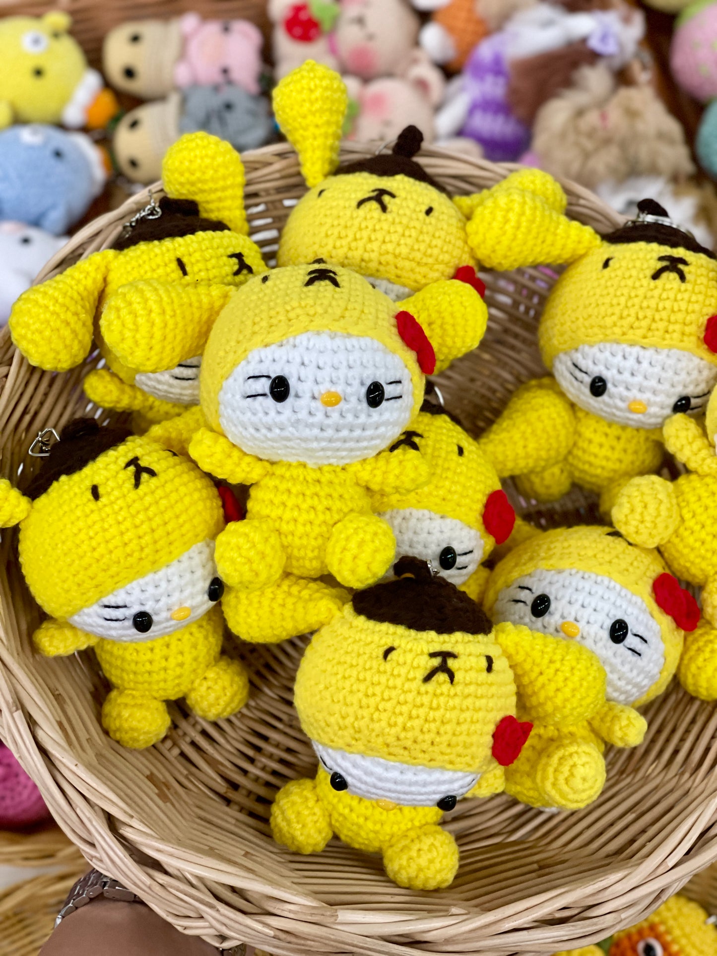 Kitty with Pompompurin outfit Crochet Keychain