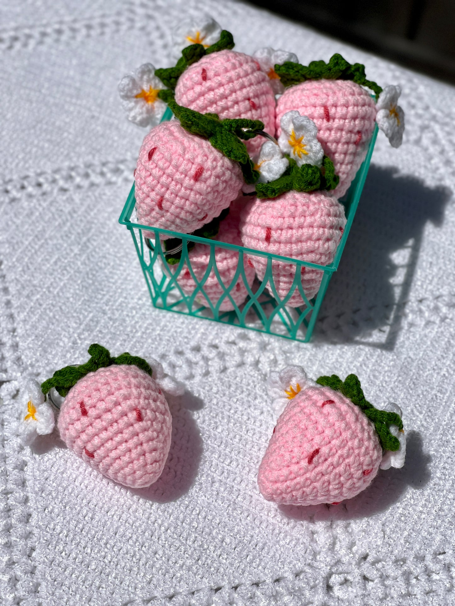 Strawberry with Flowers Crochet Keychain