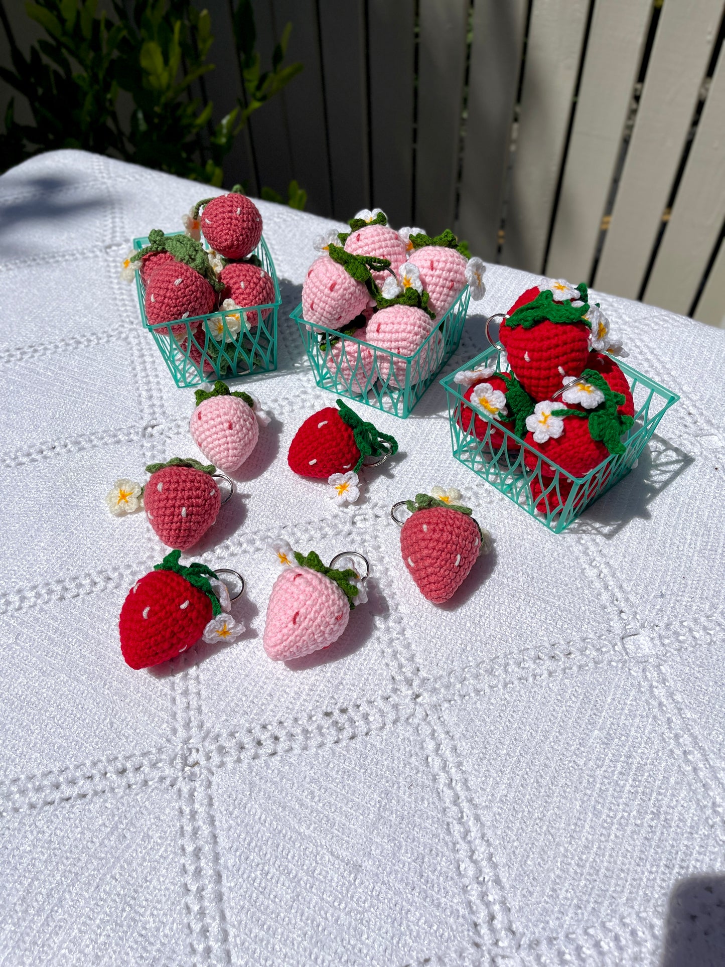 Strawberry with Flowers Crochet Keychain