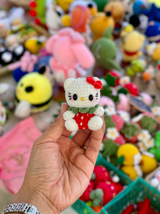 Small Strawberry Hello Kitty Crochet Keychain