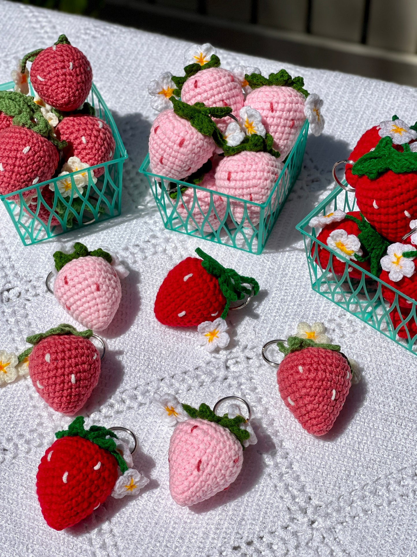 Strawberry with Flowers Crochet Keychain