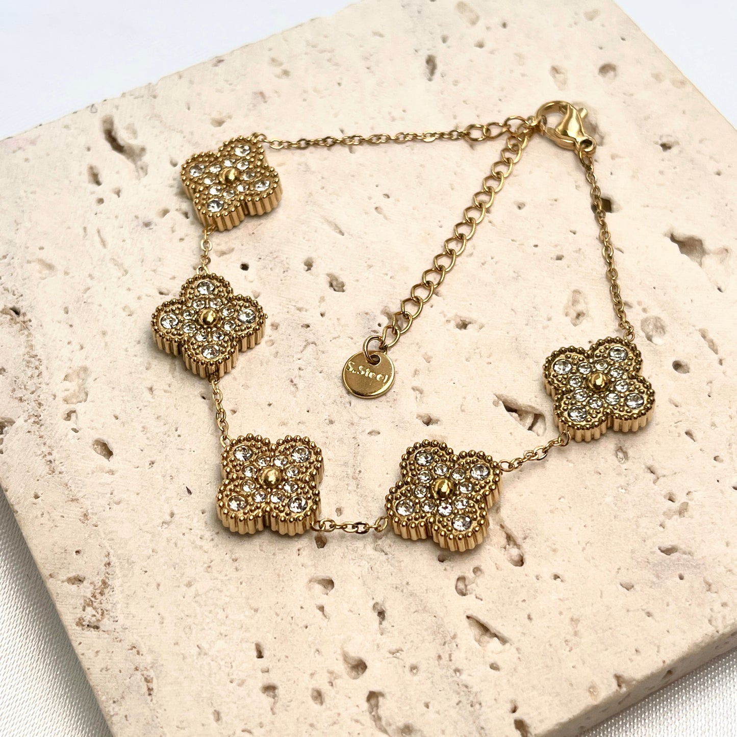 Gold Clover with Rhinestone Bracelet