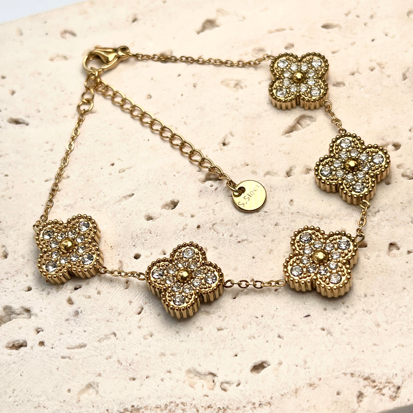 Gold Clover with Rhinestone Bracelet