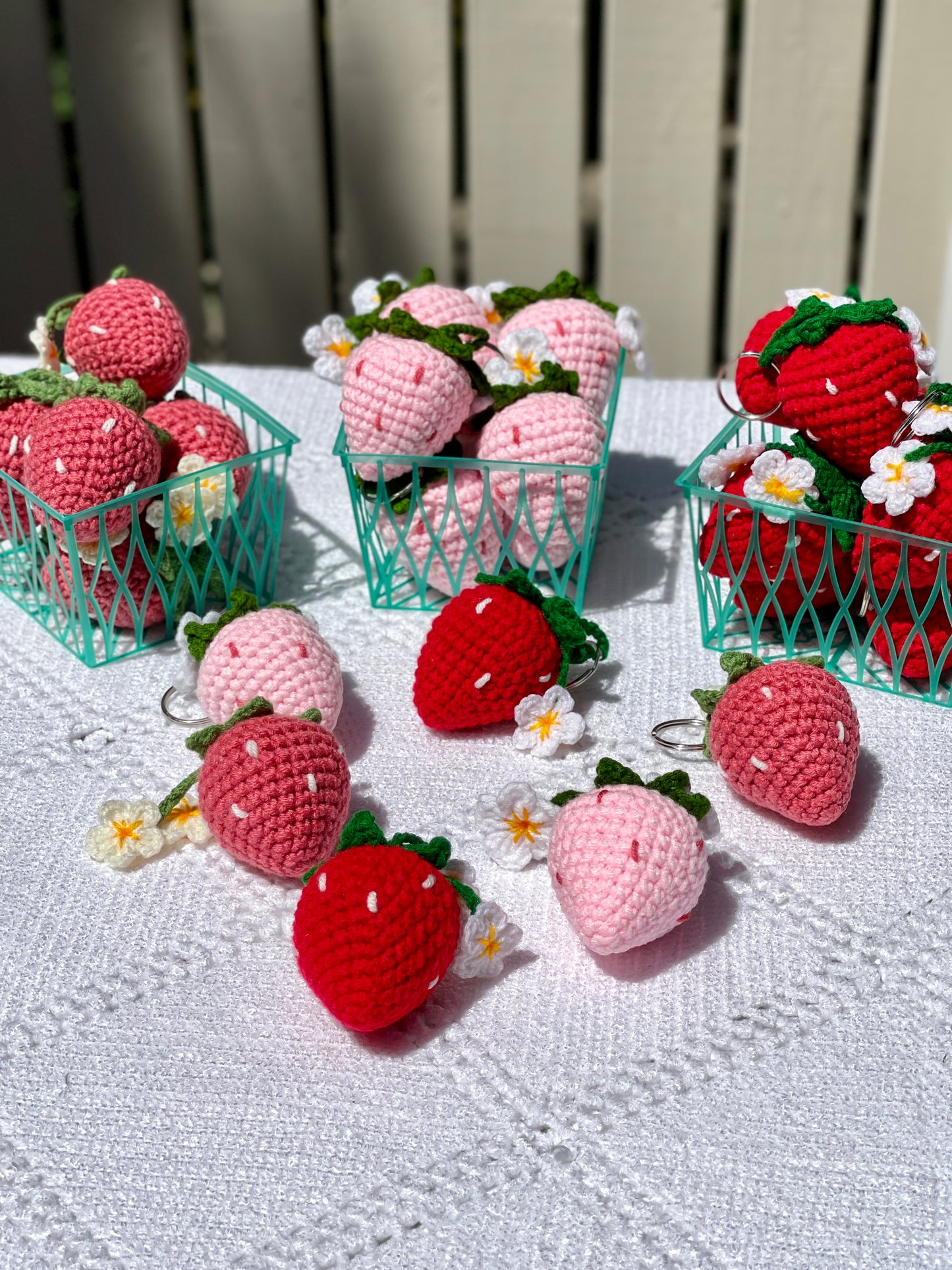 Strawberry with Flowers Crochet Keychain