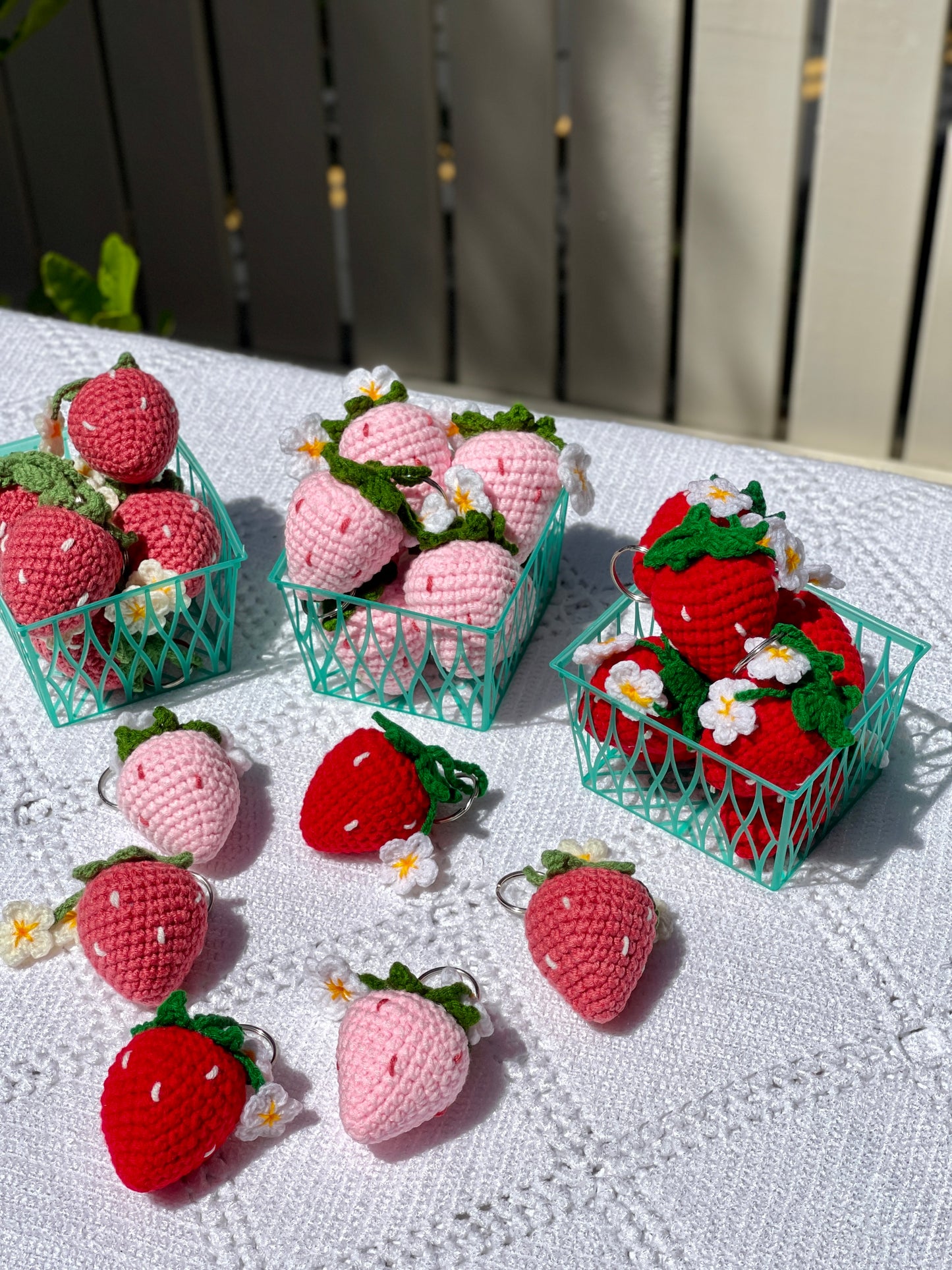 Strawberry with Flowers Crochet Keychain