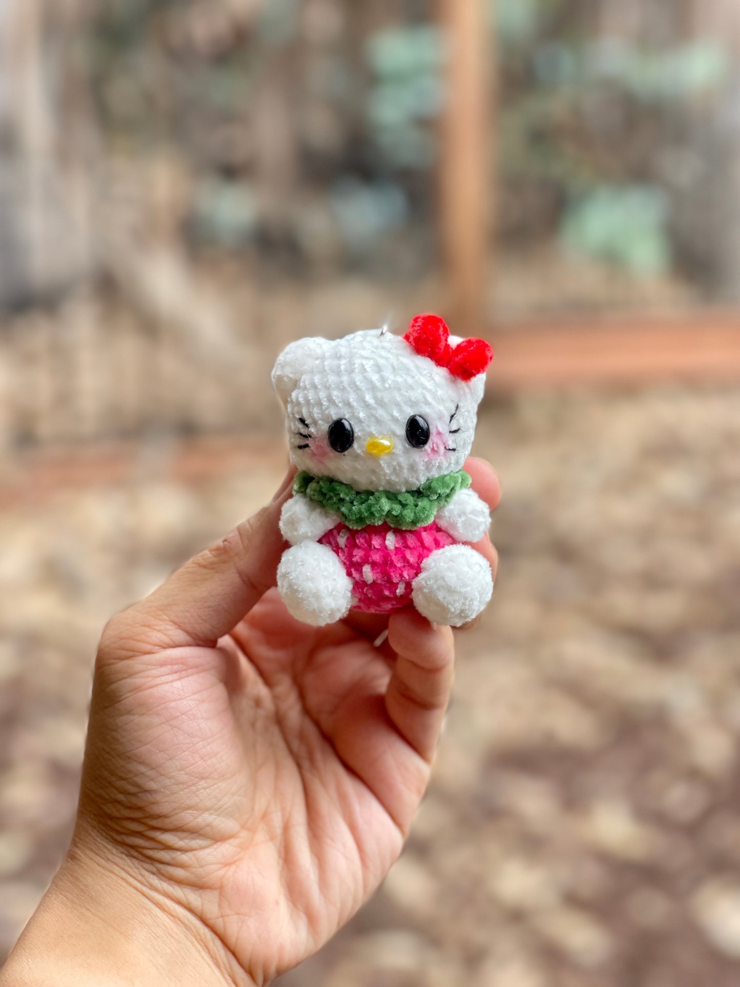 Small Strawberry Hello Kitty Crochet Keychain