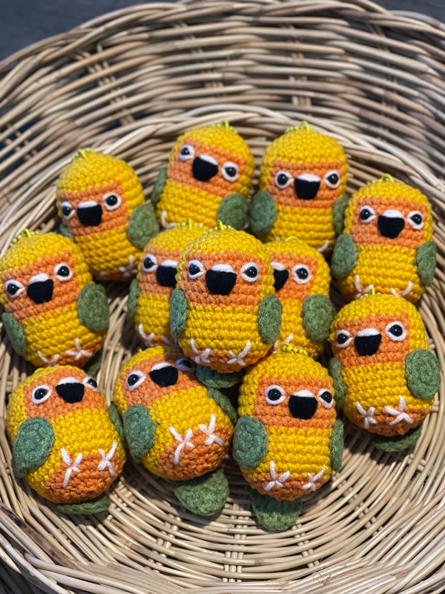 Sun Conure Bird Crochet Keychain