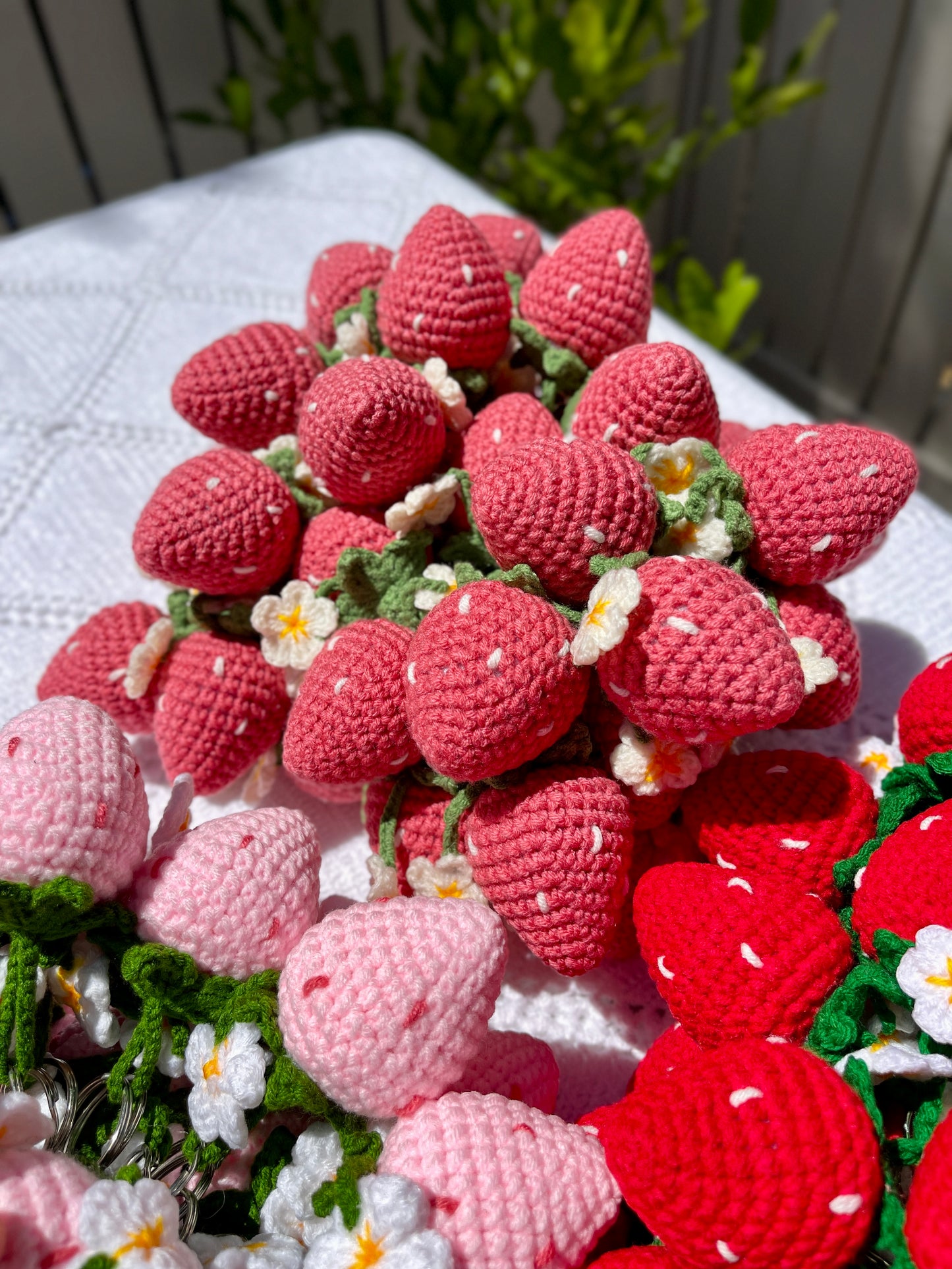 Strawberry with Flowers Crochet Keychain