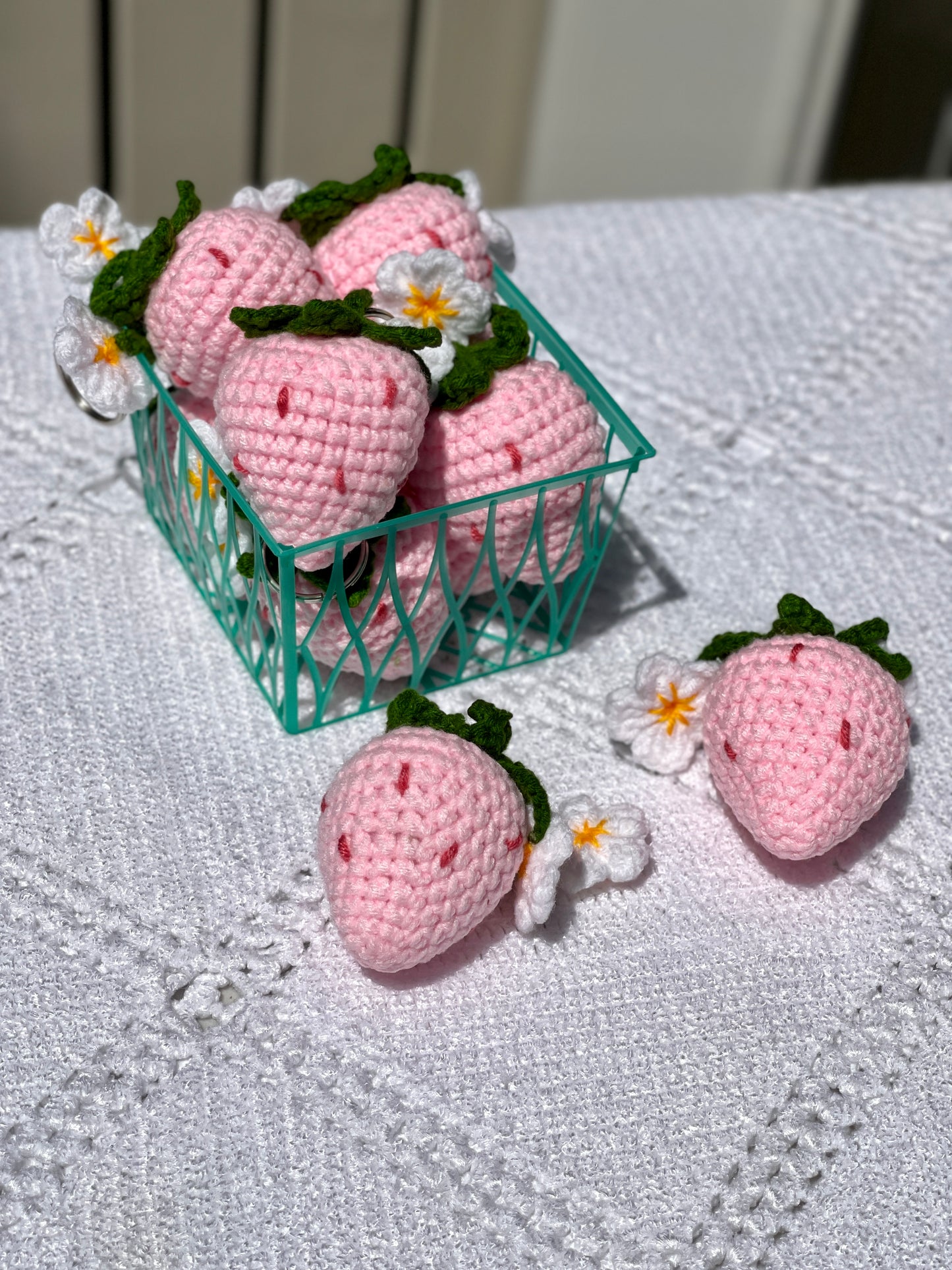 Strawberry with Flowers Crochet Keychain