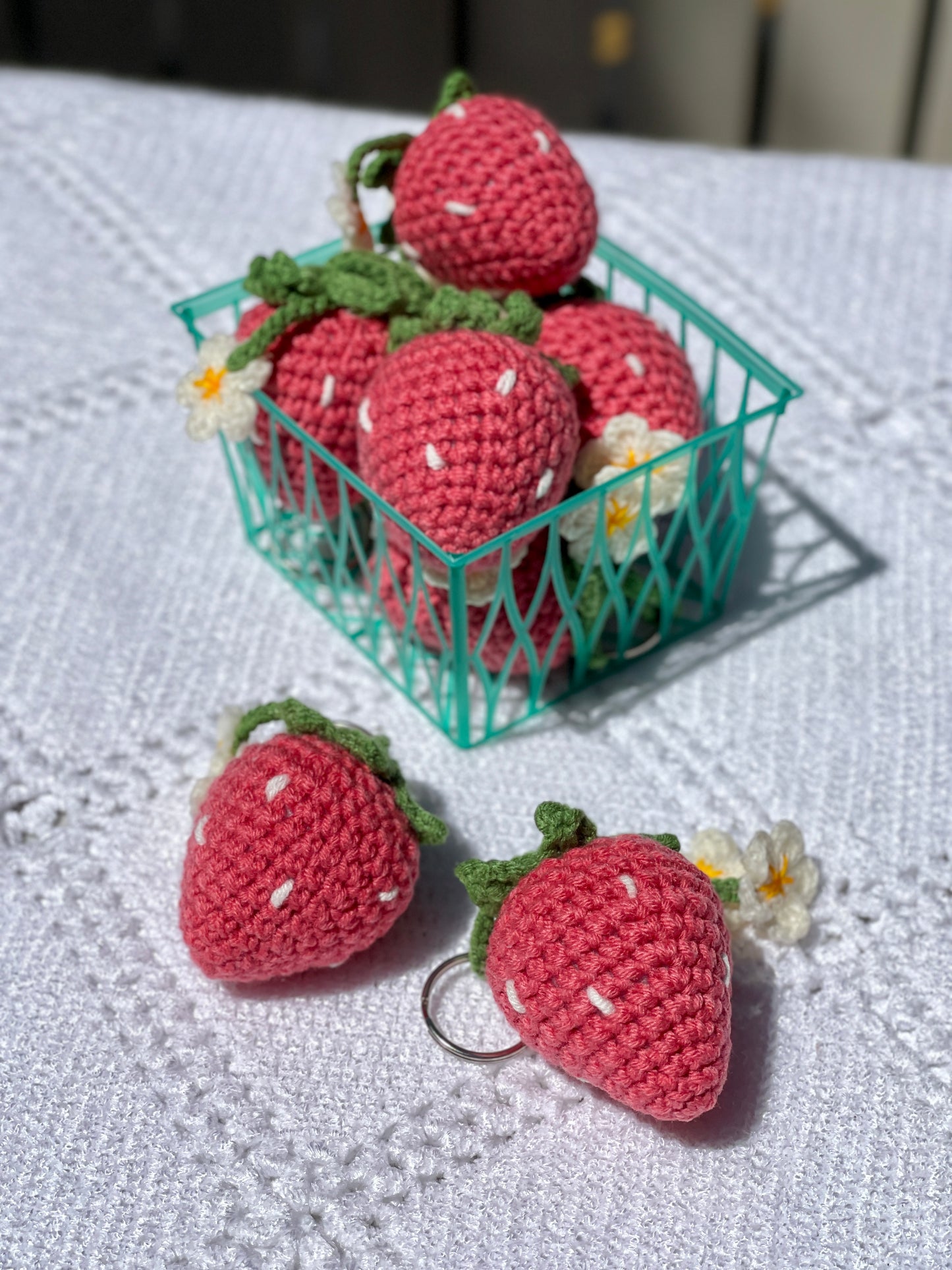 Strawberry with Flowers Crochet Keychain