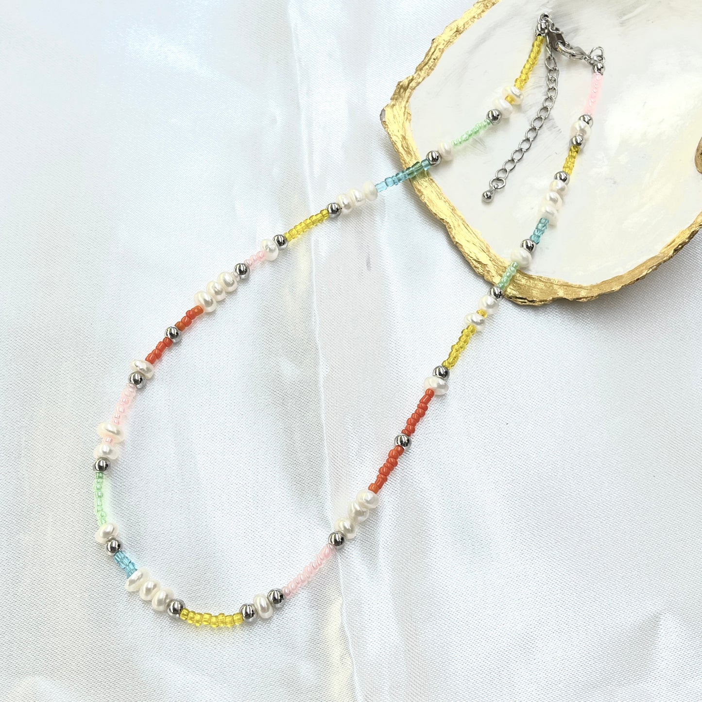 Pastel Beads + Pearl Choker Necklace