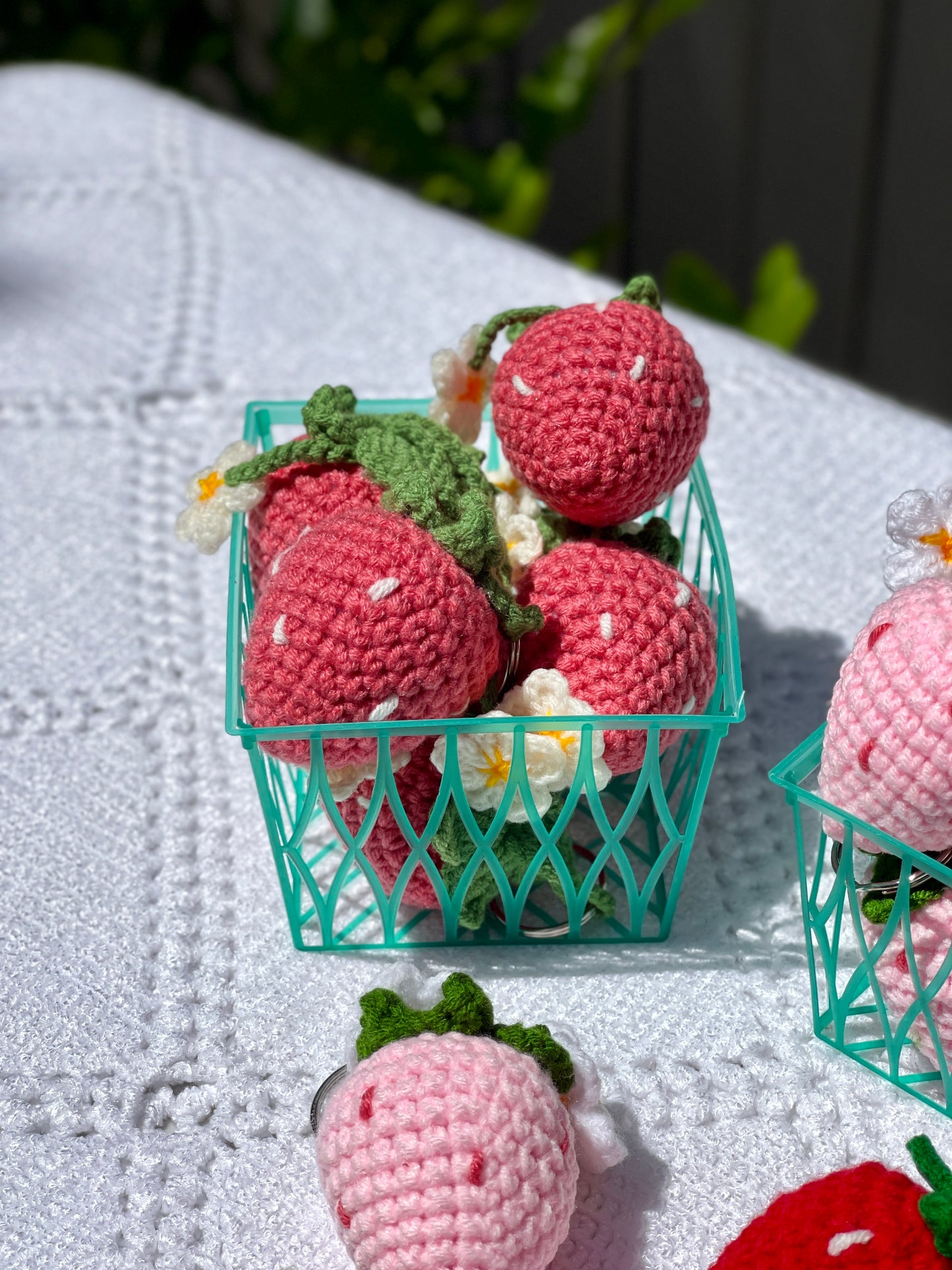 Strawberry with Flowers Crochet Keychain