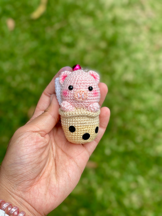 Pig Boba Crochet Keychain