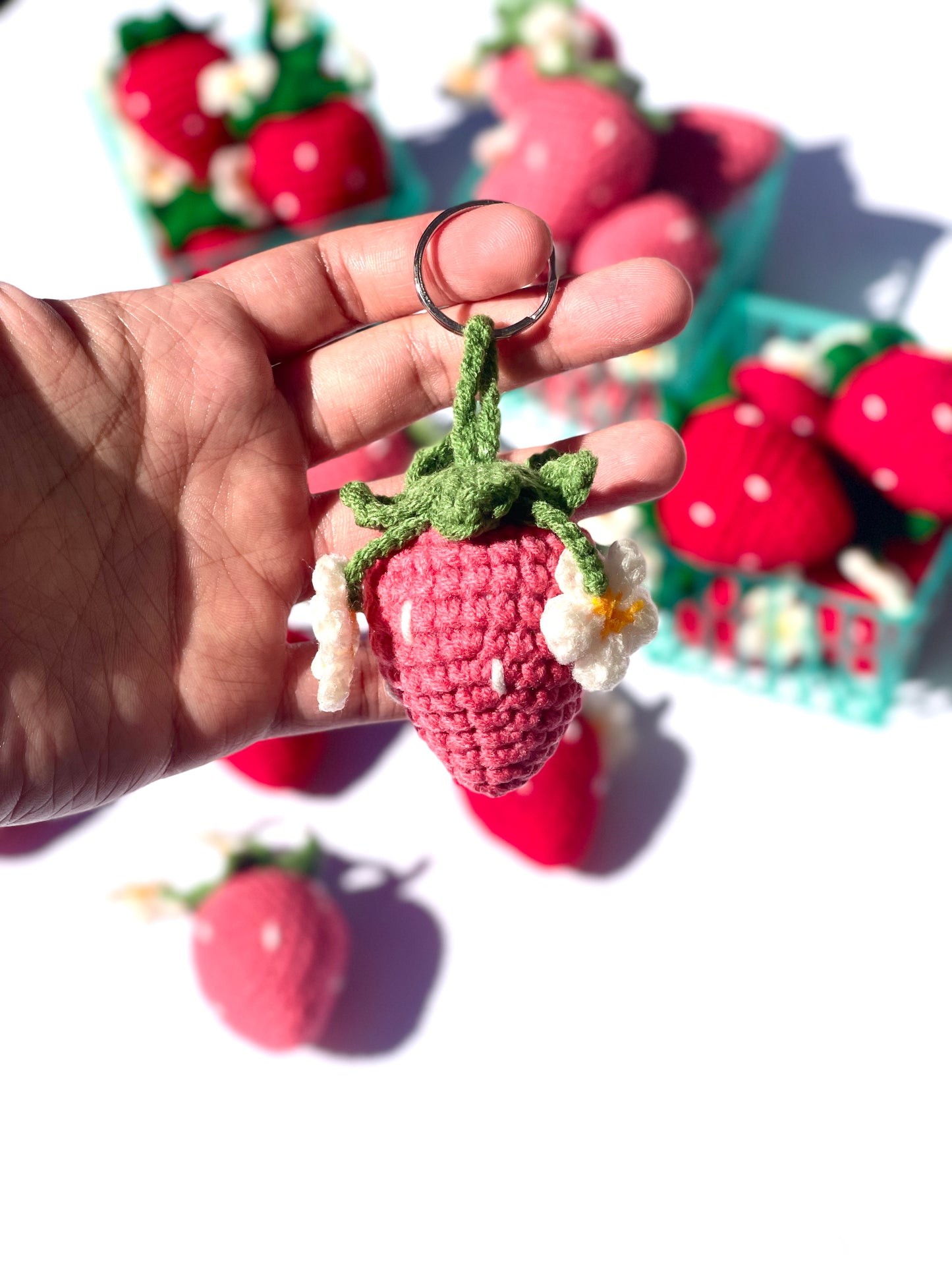 Strawberry with Flowers Crochet Keychain