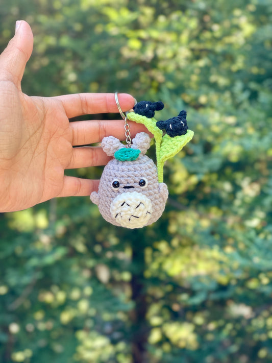 Totoro with Leaf Umbrella Crochet Keychain