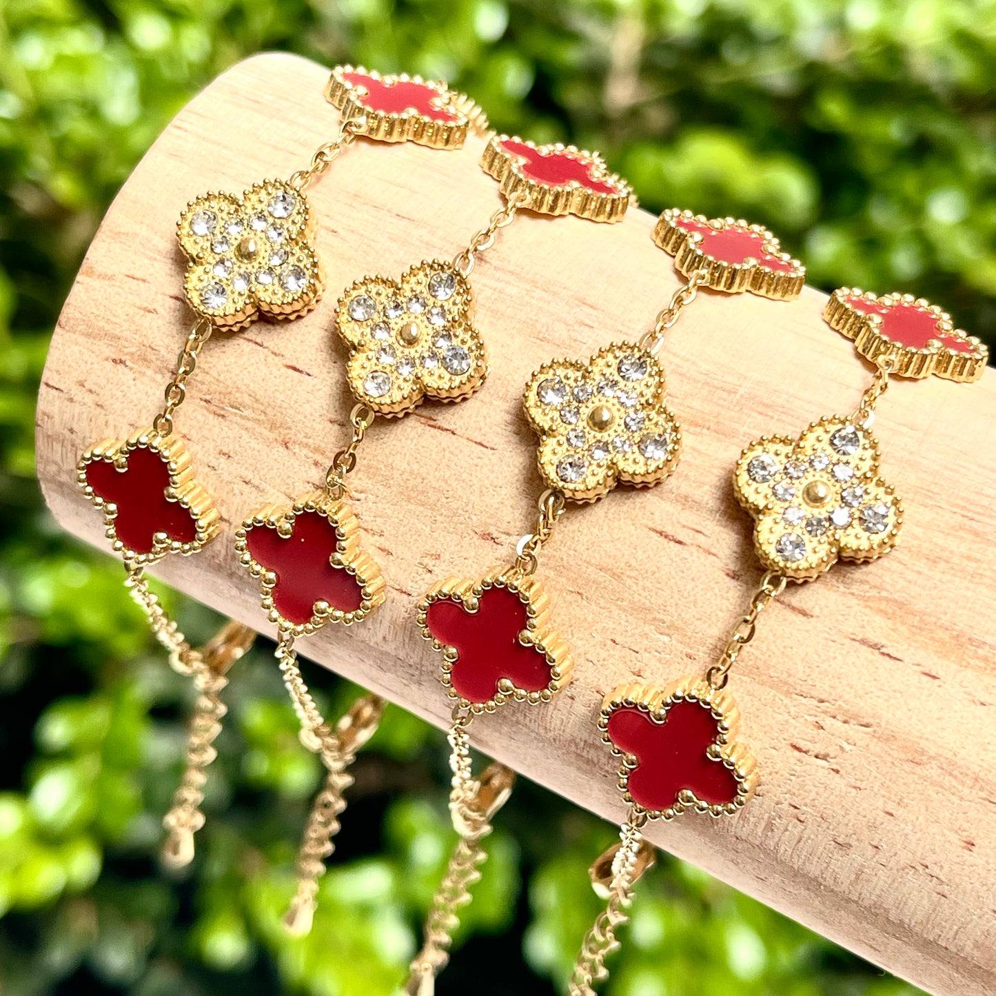 Lucky Red Clover with Rhinestone Bracelet