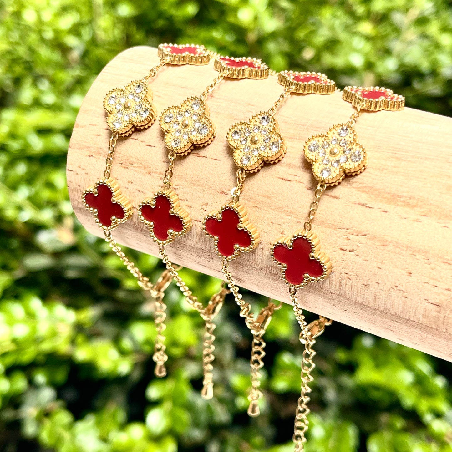 Lucky Red Clover with Rhinestone Bracelet