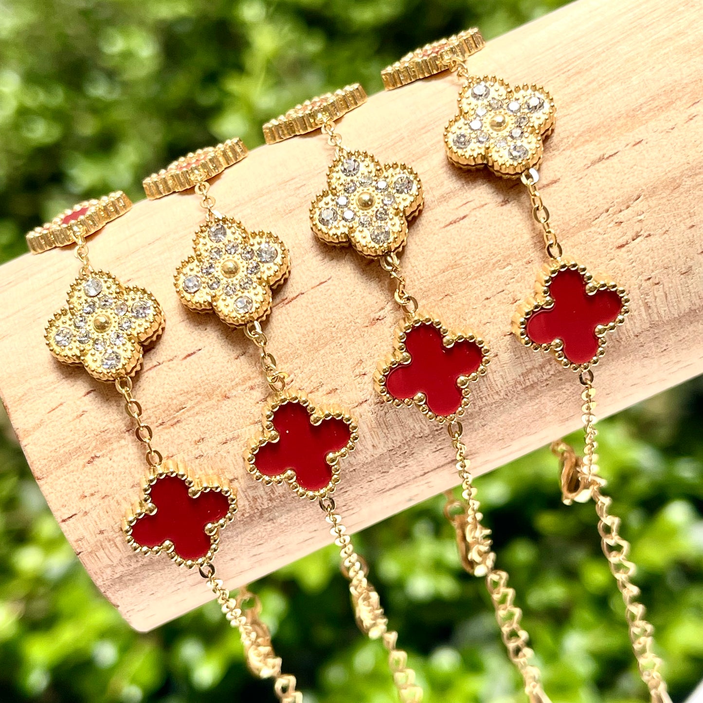 Lucky Red Clover with Rhinestone Bracelet