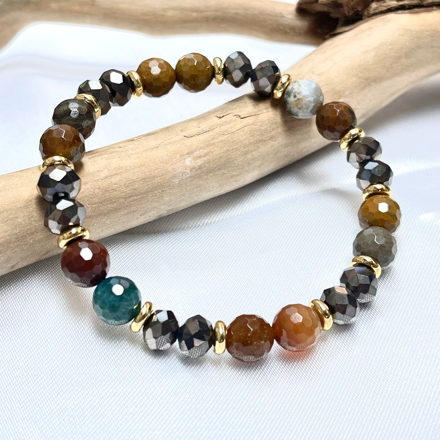 Natural Stone + Glass Crystal Bracelet