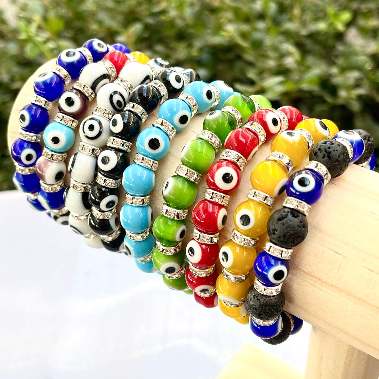 Evil Eye Glass Bead 10 mm Stretch Bracelet