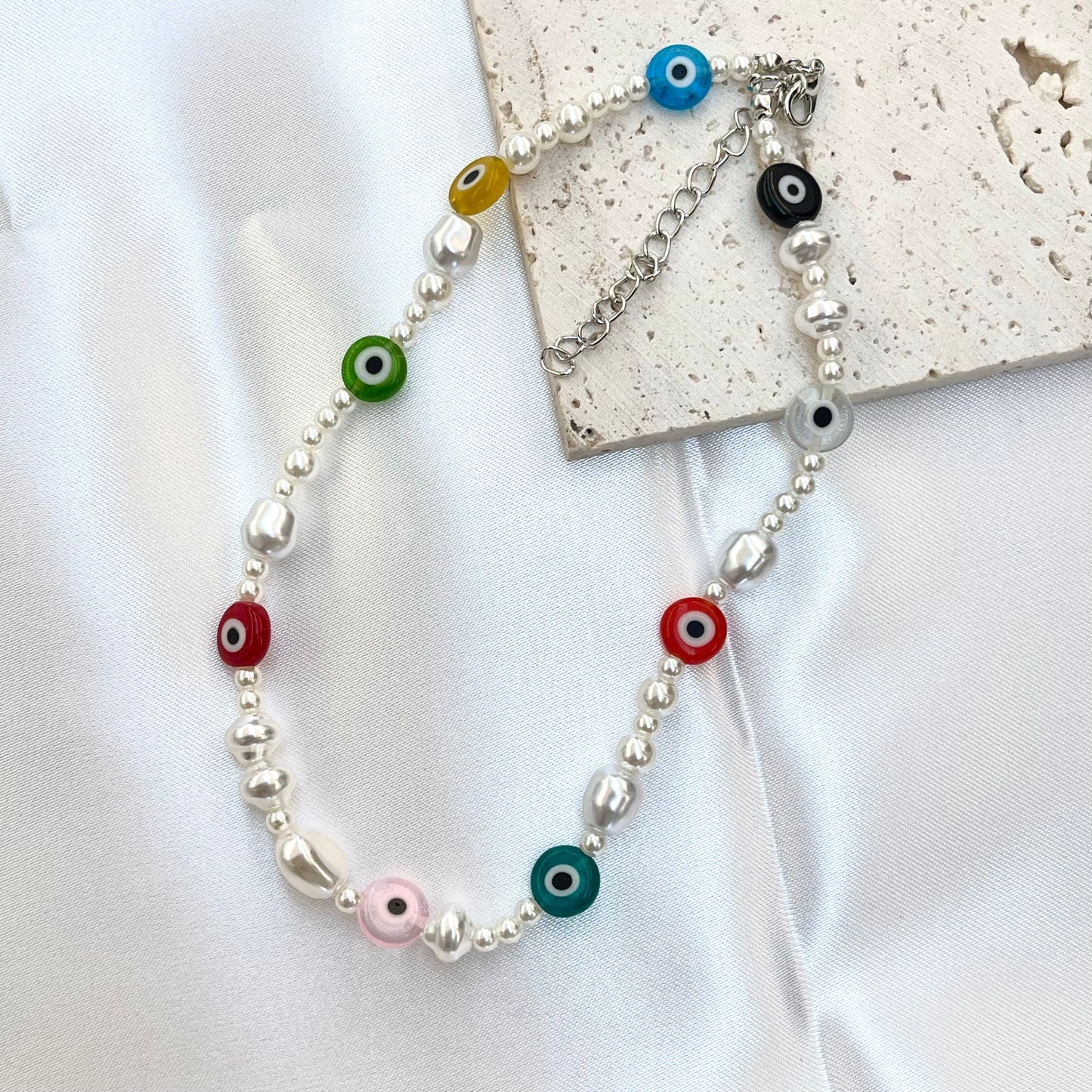 Evil Eye + White Bead Necklace