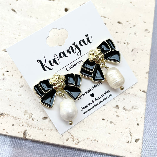 Black Bow Flower Earrings