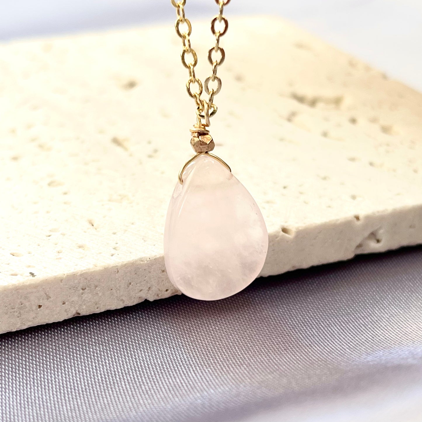 Rose Quartz Rain Drop Pendant Necklace