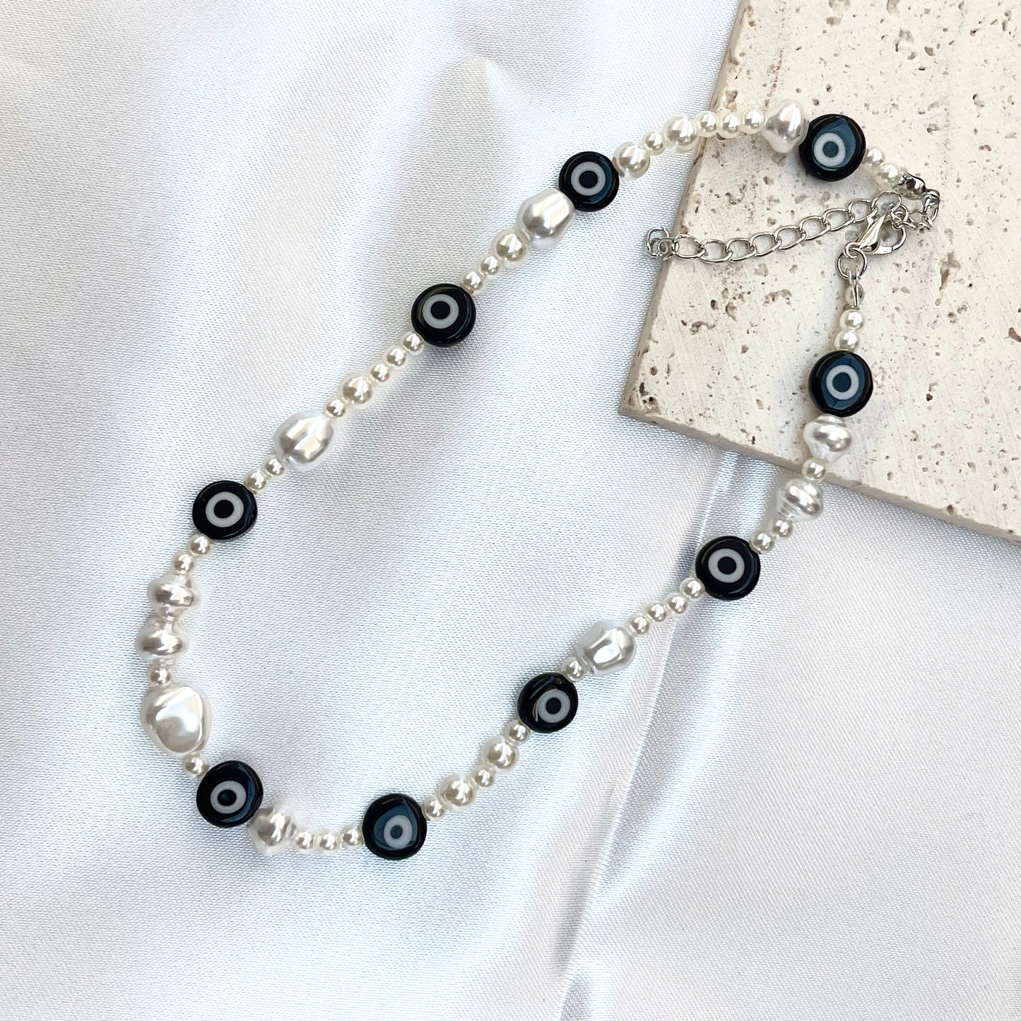 Evil Eye + White Bead Necklace