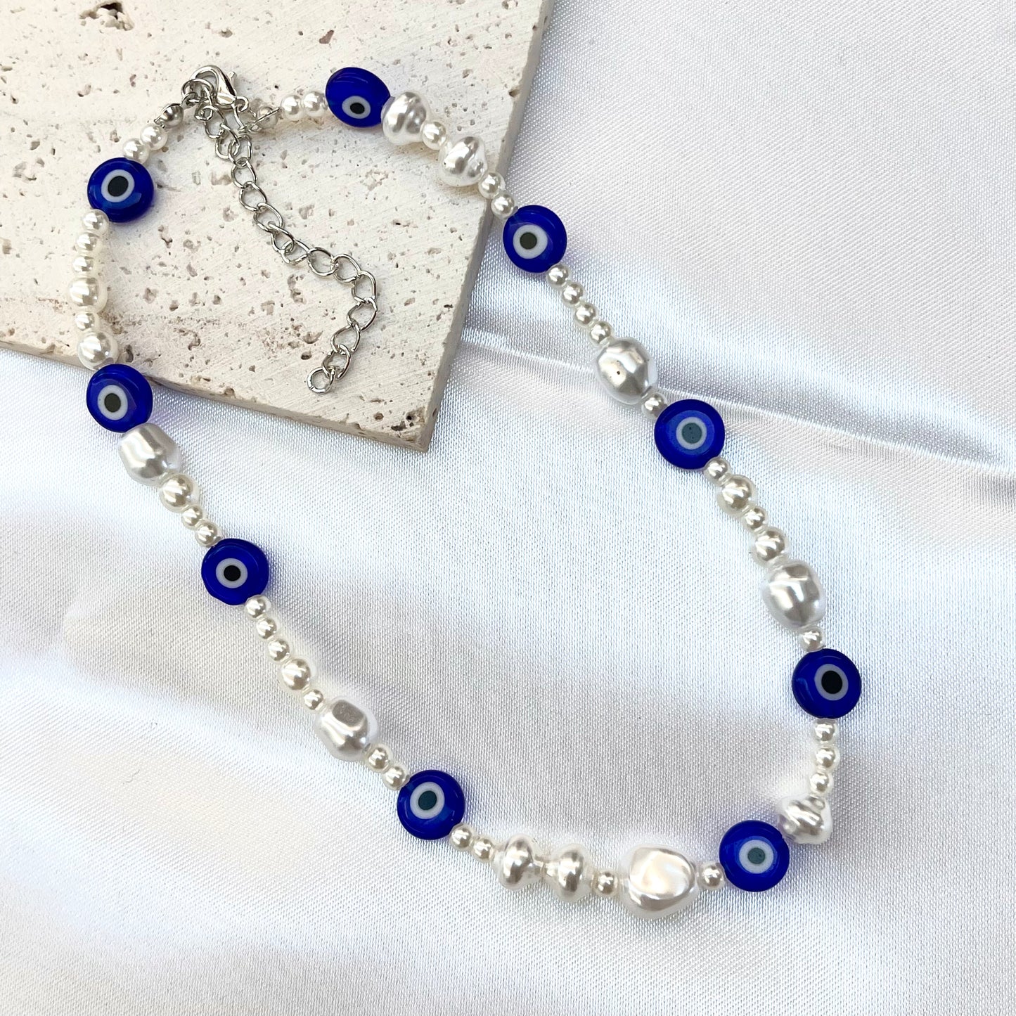 Evil Eye + White Bead Necklace