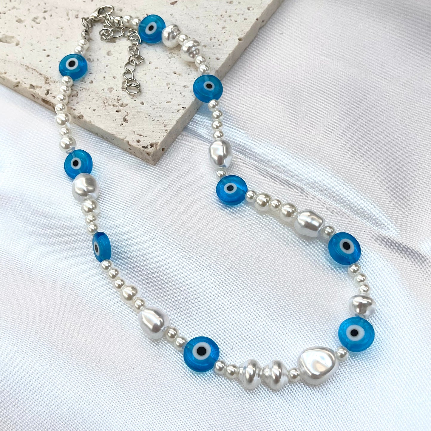 Evil Eye + White Bead Necklace