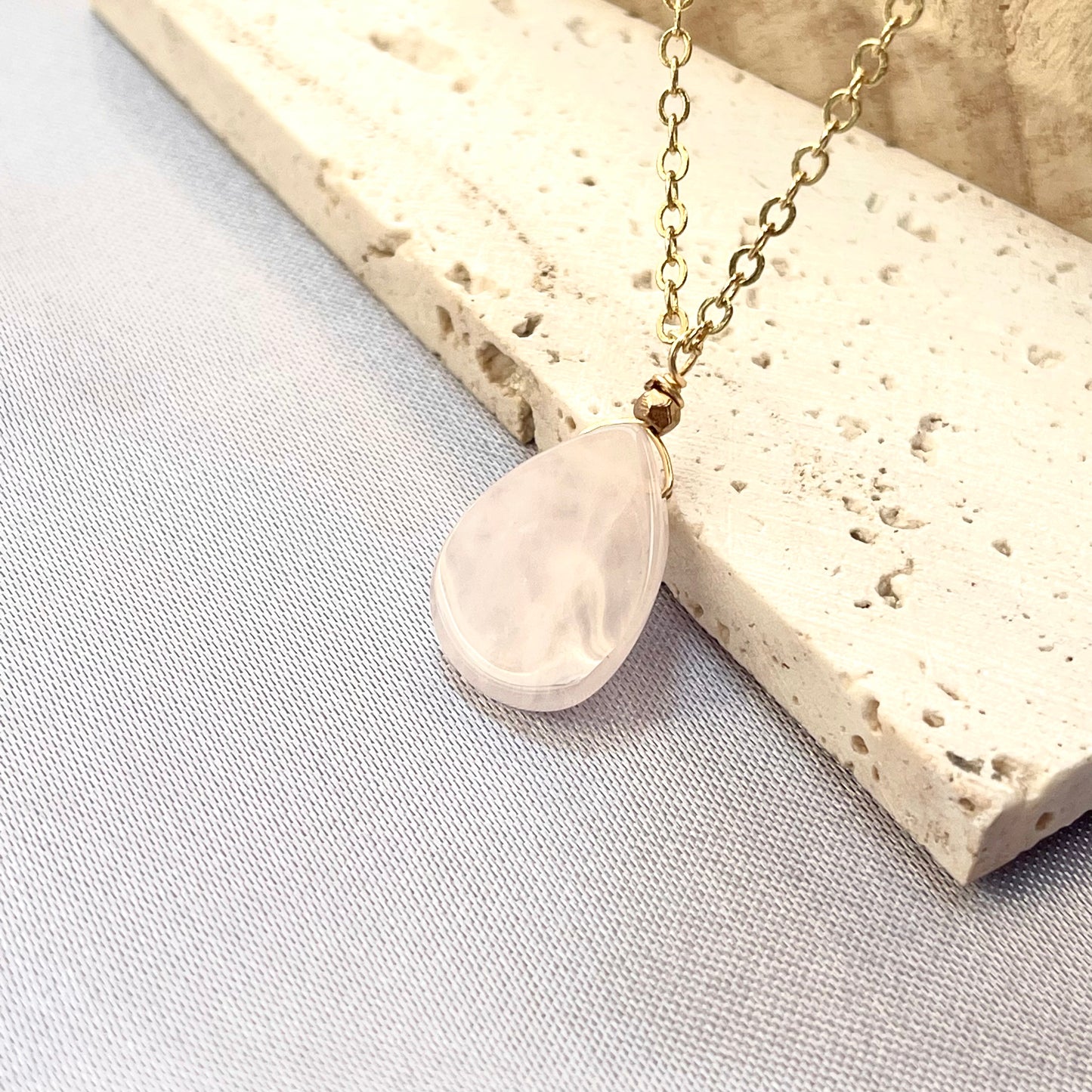 Rose Quartz Rain Drop Pendant Necklace